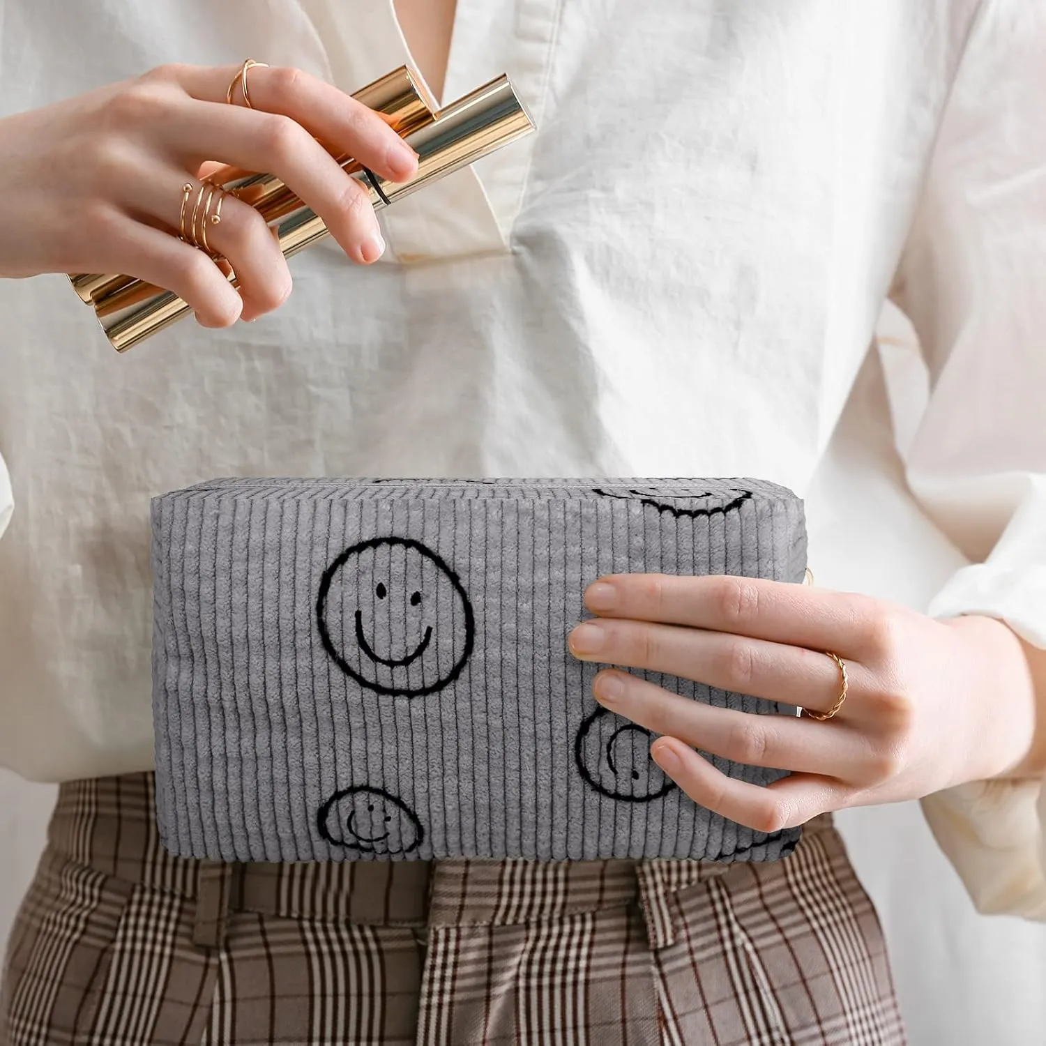Photect 3 Pcs Corduroy Cosmetic Bag Smile Face Aesthetic Preppy Pouch Travel Makeup Bags for Christmas Women Holiday Organizer Gifts(Classic,Yellow, Gray, Blue)