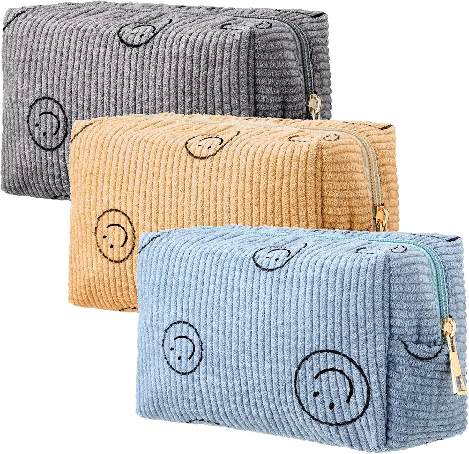 Photect 3 Pcs Corduroy Cosmetic Bag Smile Face Aesthetic Preppy Pouch Travel Makeup Bags for Christmas Women Holiday Organizer Gifts(Classic,Yellow, Gray, Blue)