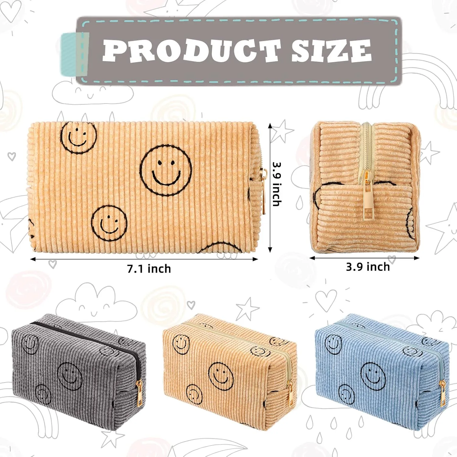 Photect 3 Pcs Corduroy Cosmetic Bag Smile Face Aesthetic Preppy Pouch Travel Makeup Bags for Christmas Women Holiday Organizer Gifts(Classic,Yellow, Gray, Blue)