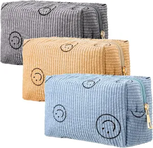 Photect 3 Pcs Corduroy Cosmetic Bag Smile Face Aesthetic Preppy Pouch Travel Makeup Bags for Christmas Women Holiday Organizer Gifts(Classic,Yellow, Gray, Blue)