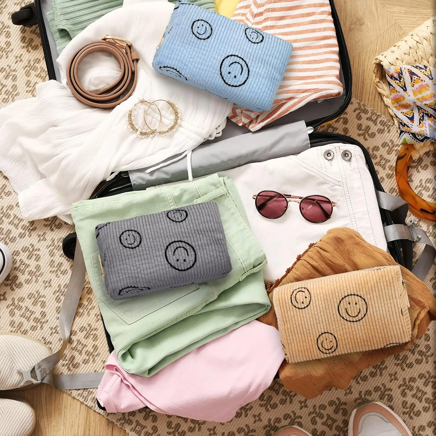 Photect 3 Pcs Corduroy Cosmetic Bag Smile Face Aesthetic Preppy Pouch Travel Makeup Bags for Christmas Women Holiday Organizer Gifts(Classic,Yellow, Gray, Blue)
