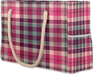 Pink Blue Plaid Stripes Large Beach Bag with Zipper Waterproof Sandproof Beach Bags for Women Water Resistant Swim Pool Bag Shoulder Backpack Essentials Travel Tote Bags for Gym Vacation Cruise