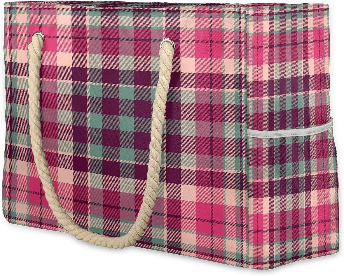 Pink Blue Plaid Stripes Large Beach Bag with Zipper Waterproof Sandproof Beach Bags for Women Water Resistant Swim Pool Bag Shoulder Backpack Essentials Travel Tote Bags for Gym Vacation Cruise