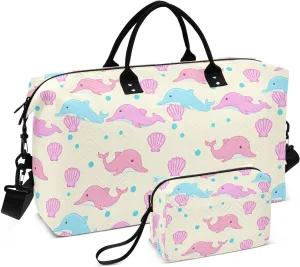 Pink Dolphin Seashells Sports Gym Bag for Women Men Travel Duffel Bag Weekend Overnight Carry on Bag with Toiletry Bag Training Handbag for Swimming Yoga Workout Plane Hospital