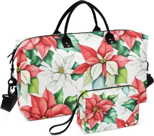 Poinsettia Flower Leaves White Sports Gym Bag for Women Men Travel Duffel Bag Weekend Overnight Carry on Bag with Toiletry Bag for Workout Swimming Yoga Plane