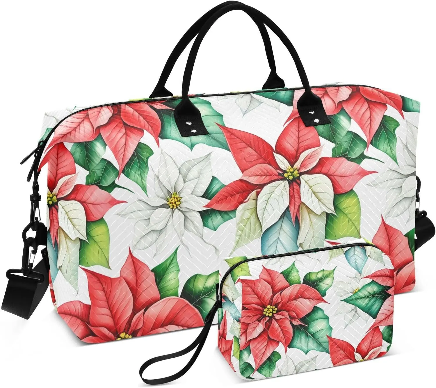 Poinsettia Flower Leaves White Sports Gym Bag for Women Men Travel Duffel Bag Weekend Overnight Carry on Bag with Toiletry Bag for Workout Swimming Yoga Plane