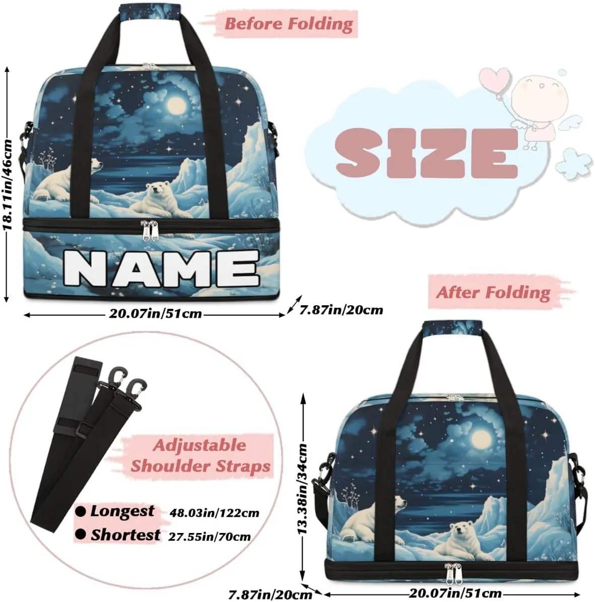 Polar Bear Print Custom Foldable Duffle Bag with Shoes Compartment Personalized Large Capacity Waterproof Travel Weekender Bag Overnight Bag for Sports Gym