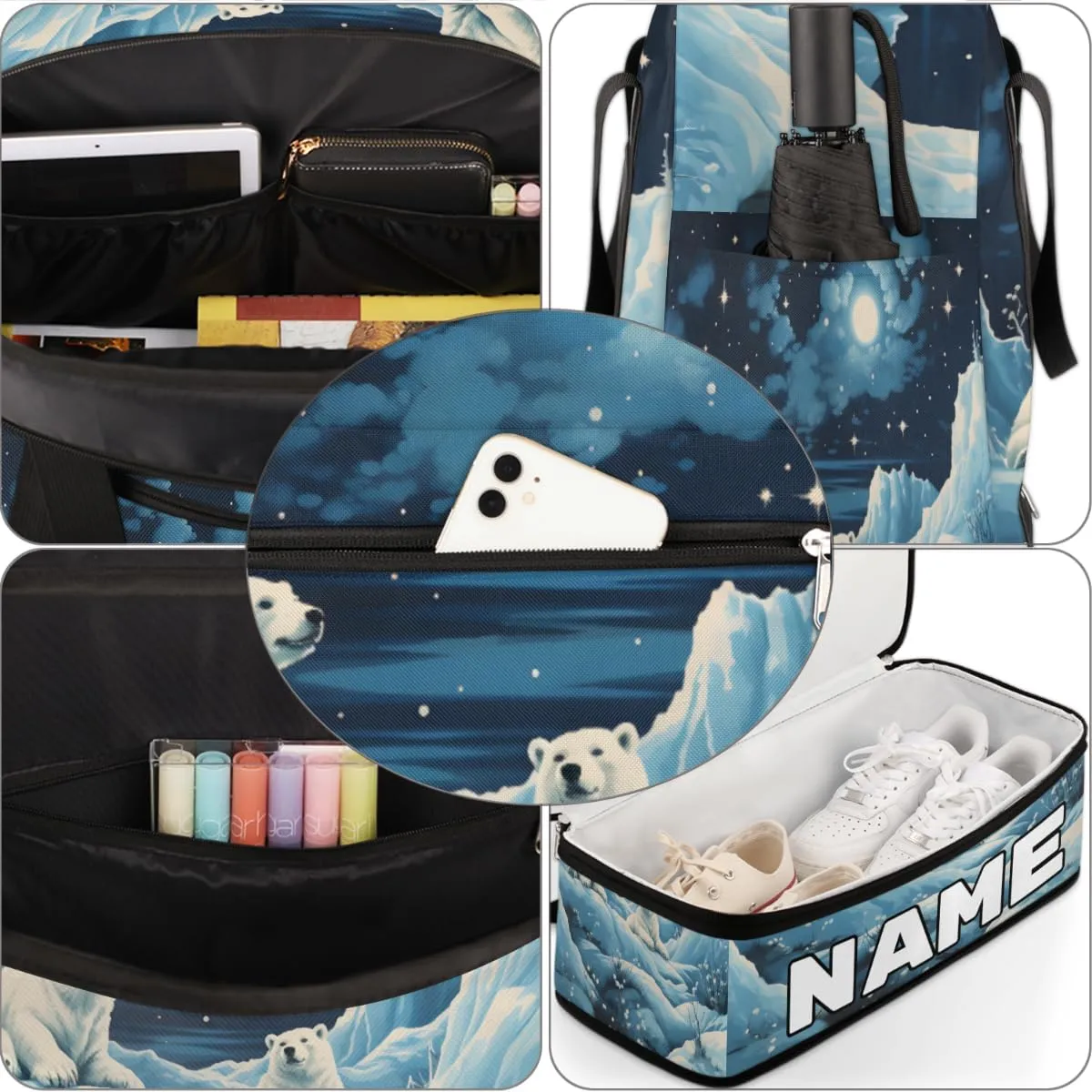 Polar Bear Print Custom Foldable Duffle Bag with Shoes Compartment Personalized Large Capacity Waterproof Travel Weekender Bag Overnight Bag for Sports Gym