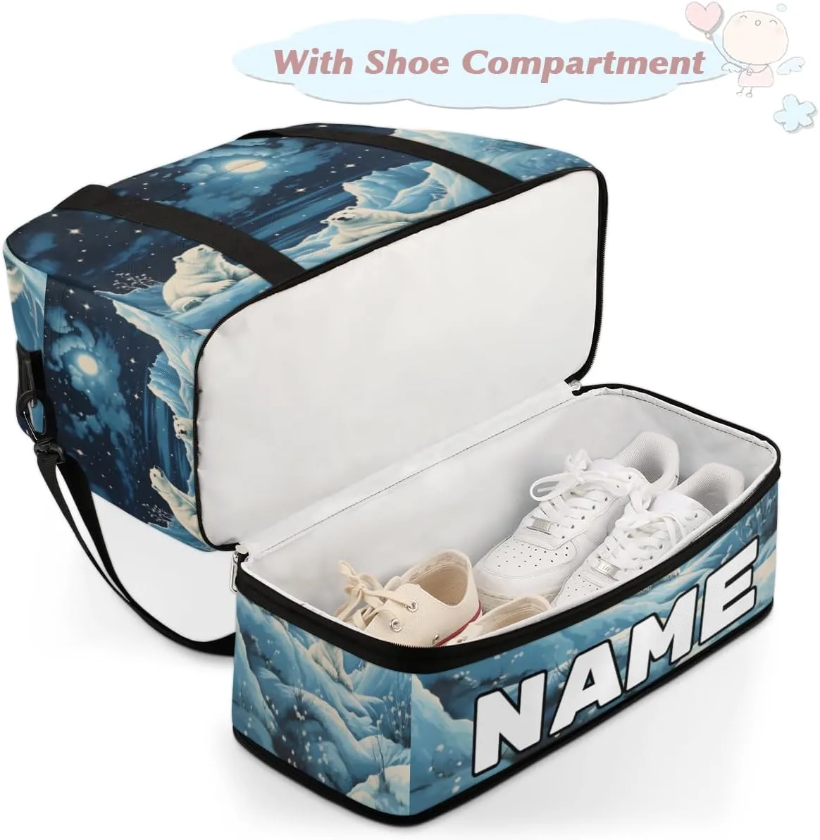 Polar Bear Print Custom Foldable Duffle Bag with Shoes Compartment Personalized Large Capacity Waterproof Travel Weekender Bag Overnight Bag for Sports Gym