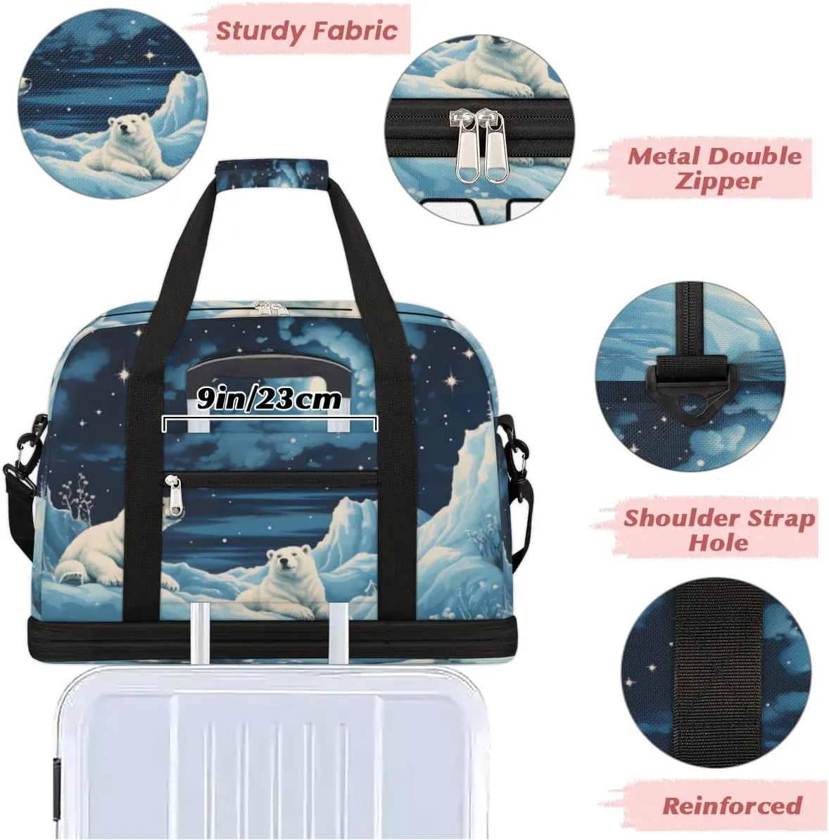 Polar Bear Print Custom Foldable Duffle Bag with Shoes Compartment Personalized Large Capacity Waterproof Travel Weekender Bag Overnight Bag for Sports Gym