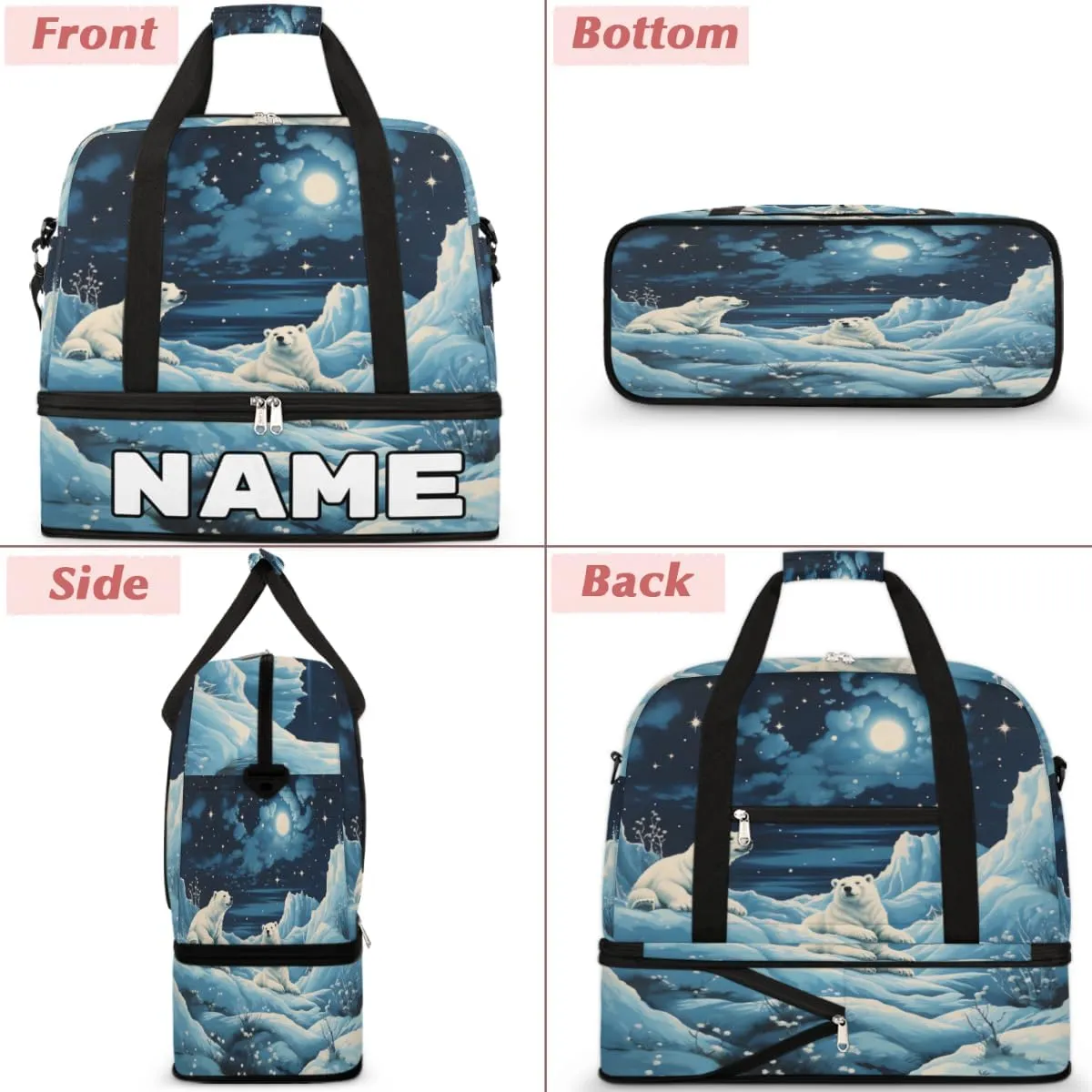 Polar Bear Print Custom Foldable Duffle Bag with Shoes Compartment Personalized Large Capacity Waterproof Travel Weekender Bag Overnight Bag for Sports Gym