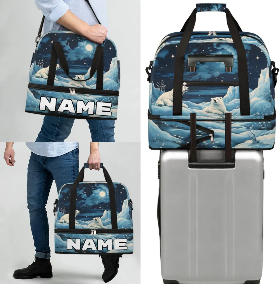 Polar Bear Print Custom Foldable Duffle Bag with Shoes Compartment Personalized Large Capacity Waterproof Travel Weekender Bag Overnight Bag for Sports Gym