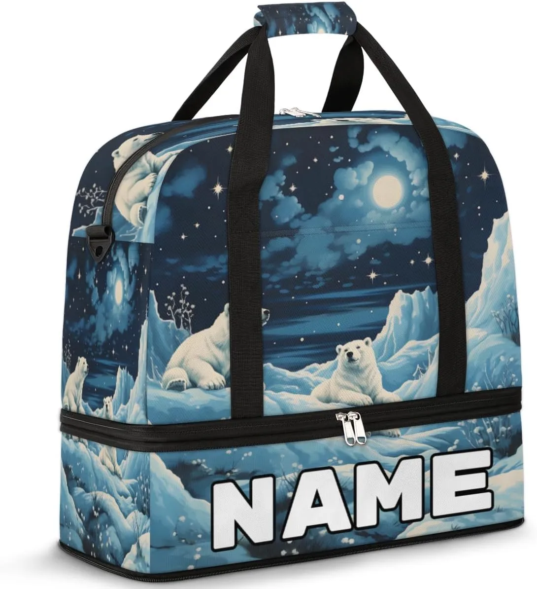 Polar Bear Print Custom Foldable Duffle Bag with Shoes Compartment Personalized Large Capacity Waterproof Travel Weekender Bag Overnight Bag for Sports Gym