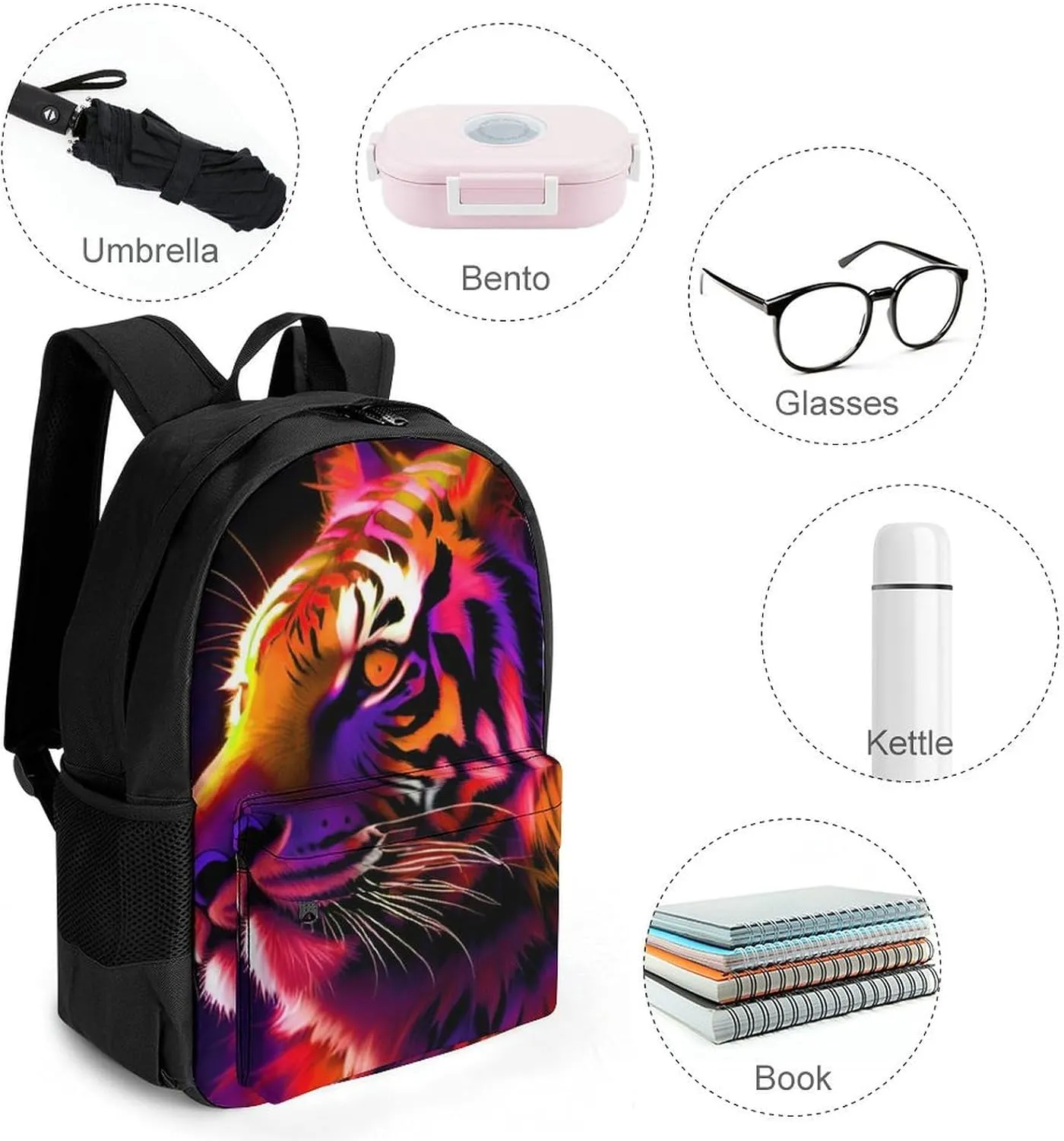 Polyester Daypack Backpack for Trekking Picnic Walking Cycling - Large Capacity Anti-Theft Multipurpose Shoulder Bag, Red Fire Wild Animal Tiger Abstract Art Casual Daypack