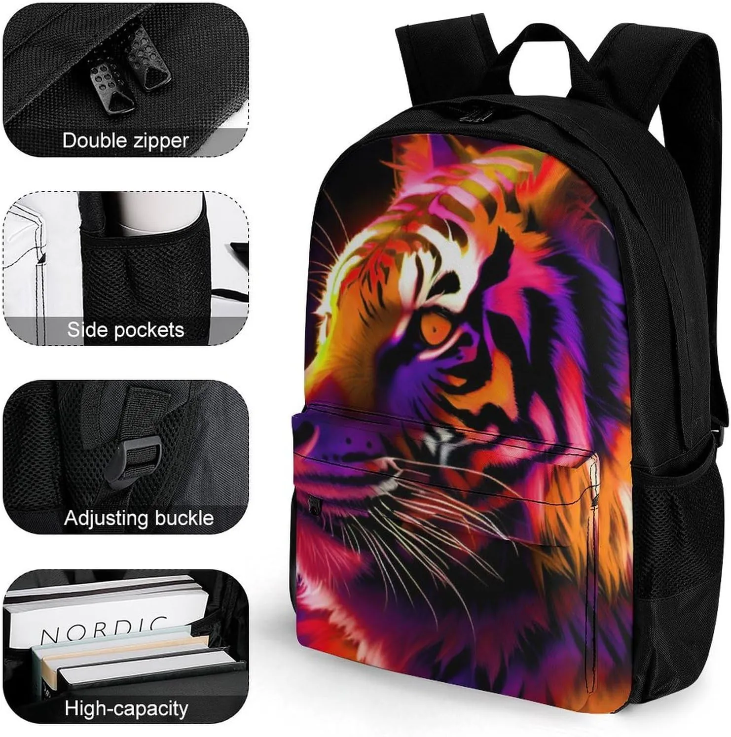 Polyester Daypack Backpack for Trekking Picnic Walking Cycling - Large Capacity Anti-Theft Multipurpose Shoulder Bag, Red Fire Wild Animal Tiger Abstract Art Casual Daypack