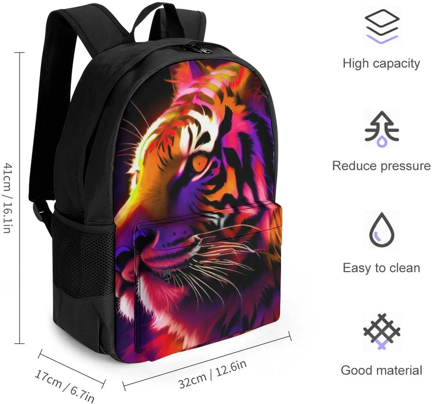 Polyester Daypack Backpack for Trekking Picnic Walking Cycling - Large Capacity Anti-Theft Multipurpose Shoulder Bag, Red Fire Wild Animal Tiger Abstract Art Casual Daypack