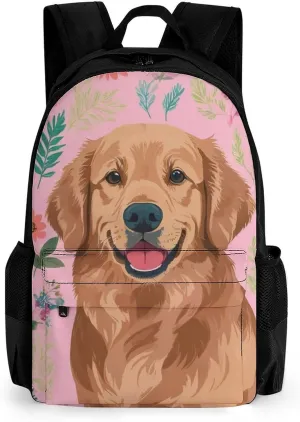 Polyester Daypack Bookbag for Gym Business Bicycle - Large Capacity Multipurpose Anti-Theft Carry On Bag, Cute Golden Retriever Dog Pink Travel Hiking Daypack