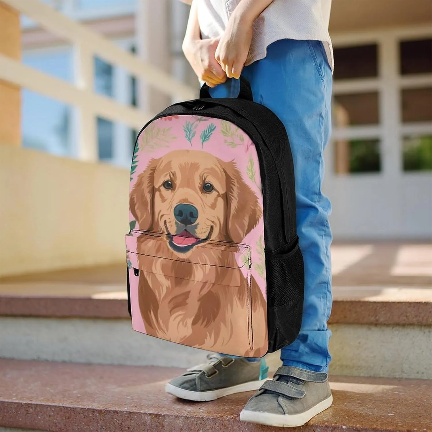 Polyester Daypack Bookbag for Gym Business Bicycle - Large Capacity Multipurpose Anti-Theft Carry On Bag, Cute Golden Retriever Dog Pink Travel Hiking Daypack