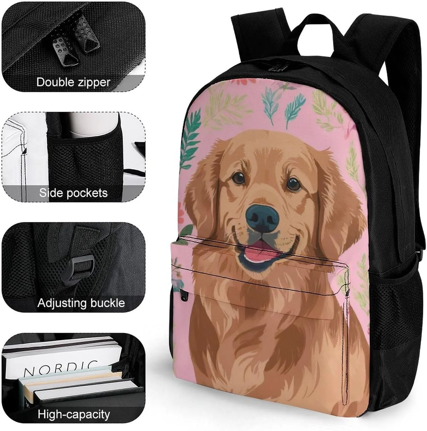 Polyester Daypack Bookbag for Gym Business Bicycle - Large Capacity Multipurpose Anti-Theft Carry On Bag, Cute Golden Retriever Dog Pink Travel Hiking Daypack