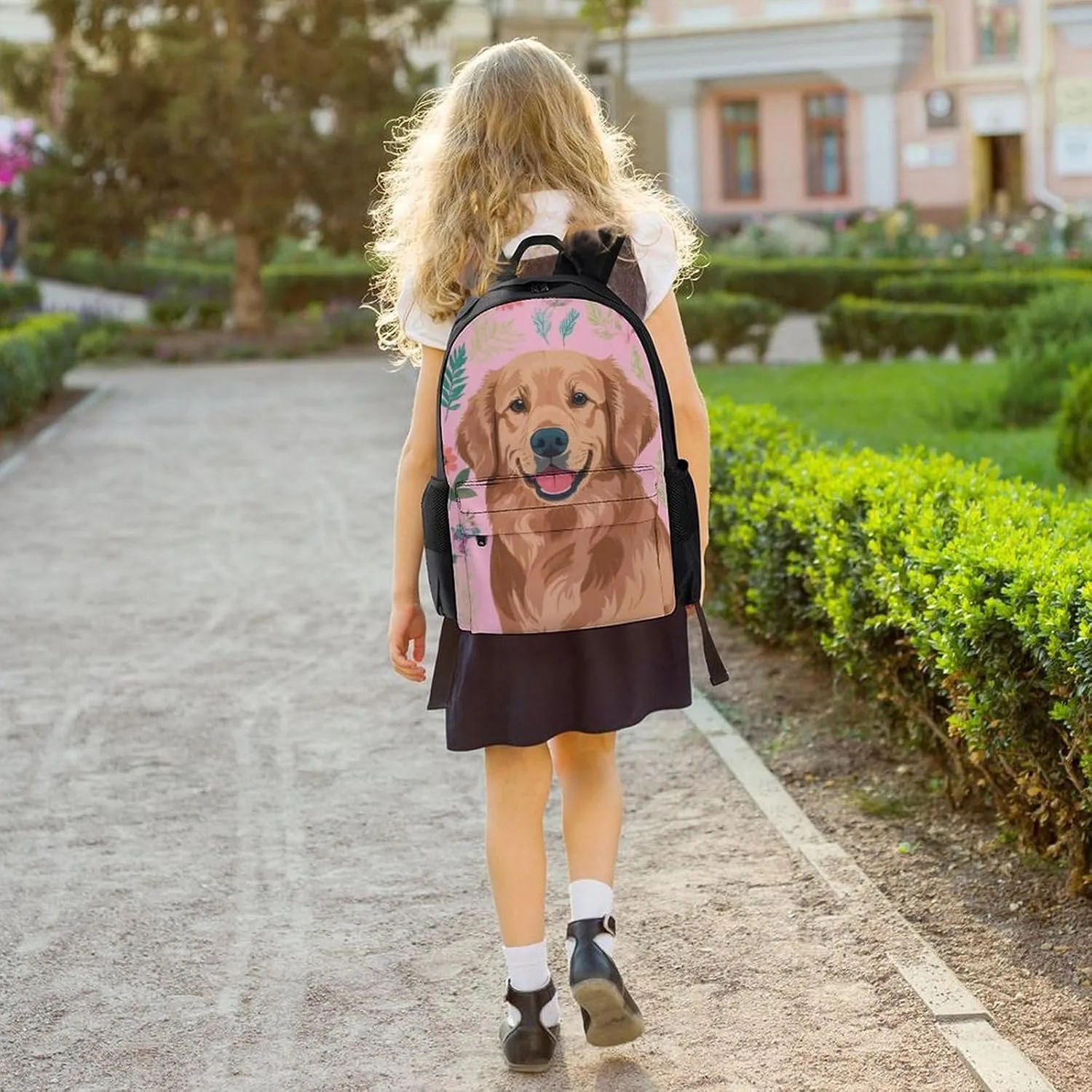 Polyester Daypack Bookbag for Gym Business Bicycle - Large Capacity Multipurpose Anti-Theft Carry On Bag, Cute Golden Retriever Dog Pink Travel Hiking Daypack
