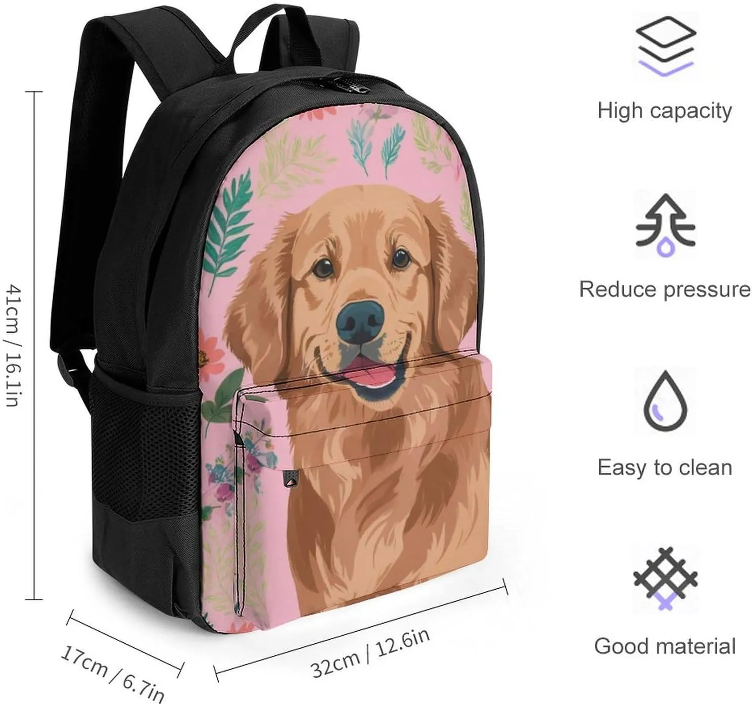 Polyester Daypack Bookbag for Gym Business Bicycle - Large Capacity Multipurpose Anti-Theft Carry On Bag, Cute Golden Retriever Dog Pink Travel Hiking Daypack