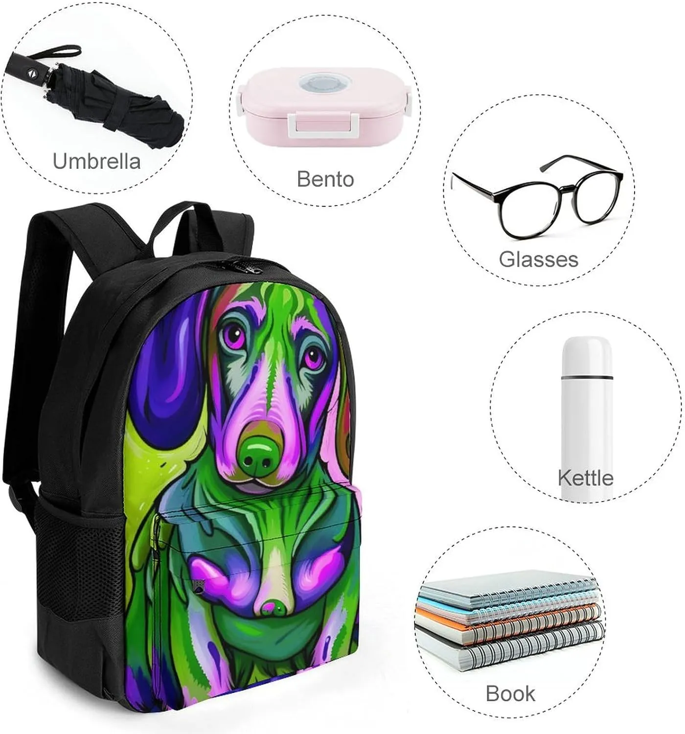 Polyester Daypack Bookbag for Gym Business Bicycle - Large Capacity Multipurpose Anti-Theft Carry On Bag, Sausage Dog Dachshund Art Travel Hiking Daypack