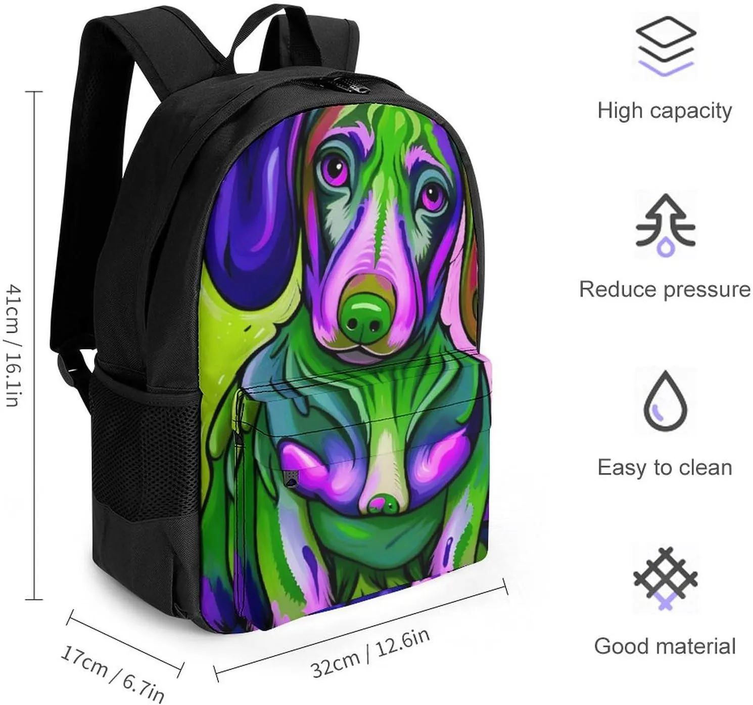 Polyester Daypack Bookbag for Gym Business Bicycle - Large Capacity Multipurpose Anti-Theft Carry On Bag, Sausage Dog Dachshund Art Travel Hiking Daypack