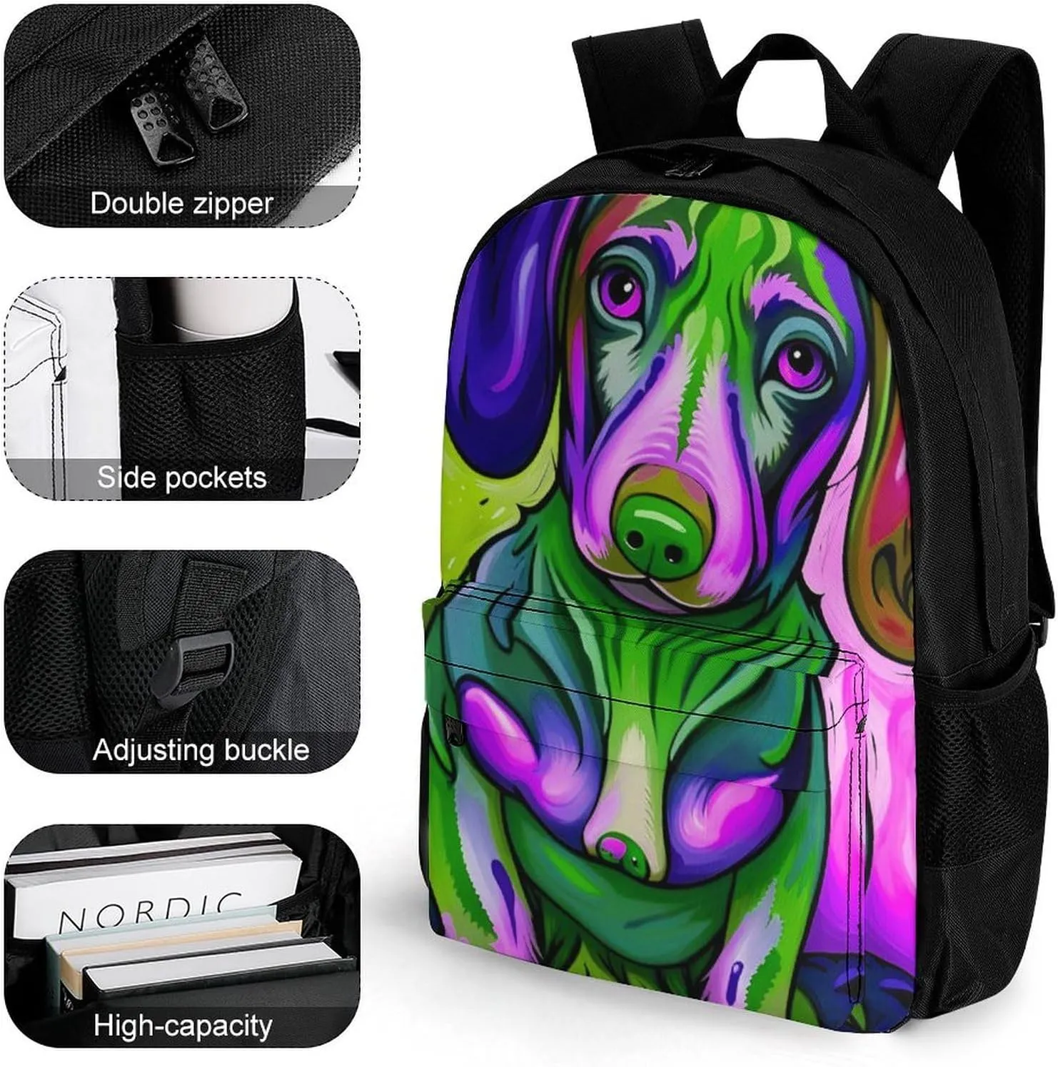 Polyester Daypack Bookbag for Gym Business Bicycle - Large Capacity Multipurpose Anti-Theft Carry On Bag, Sausage Dog Dachshund Art Travel Hiking Daypack