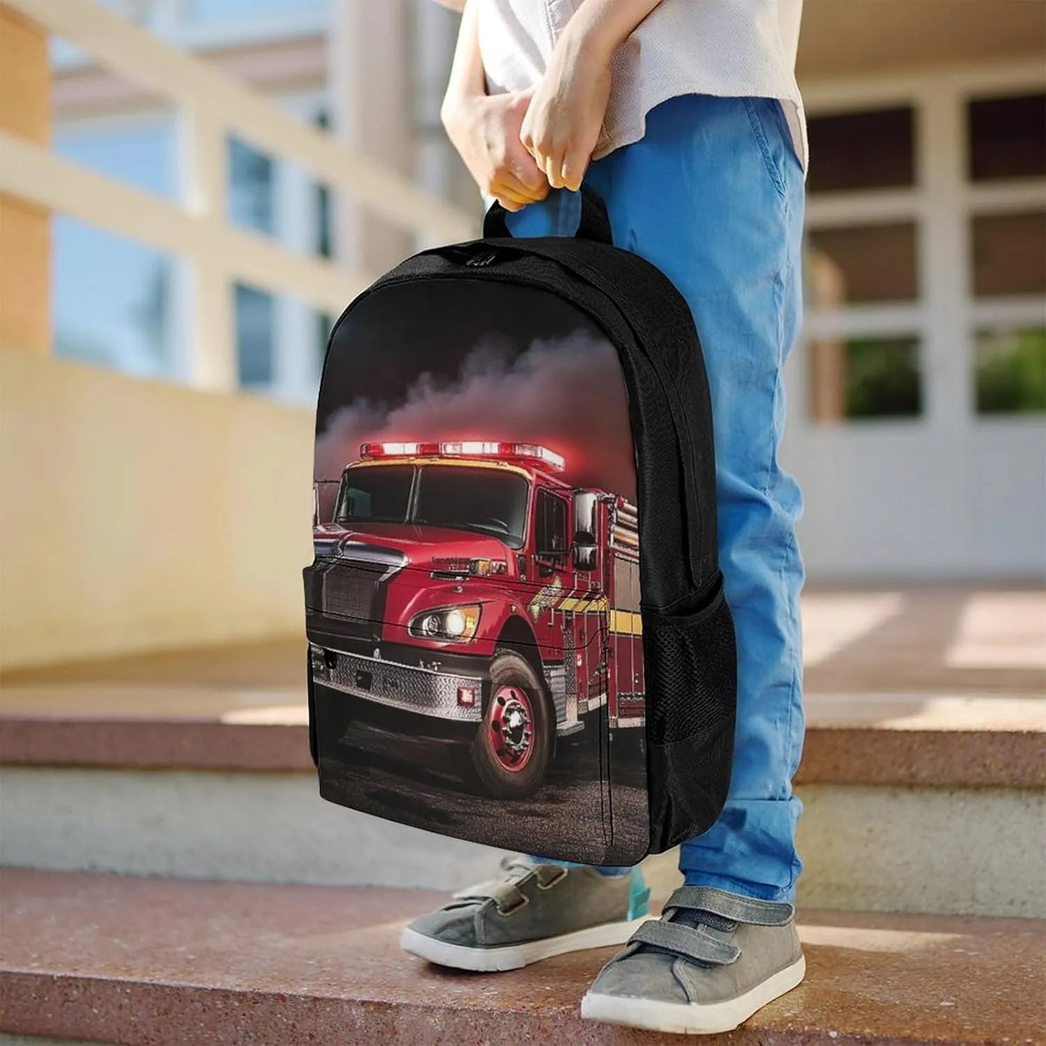 Polyester Daypack for Camping Travel Walking Cycling - Big Capacity Anti-Theft Multipurpose Bookbag, Fire Truck Camping Outdoor Backpack
