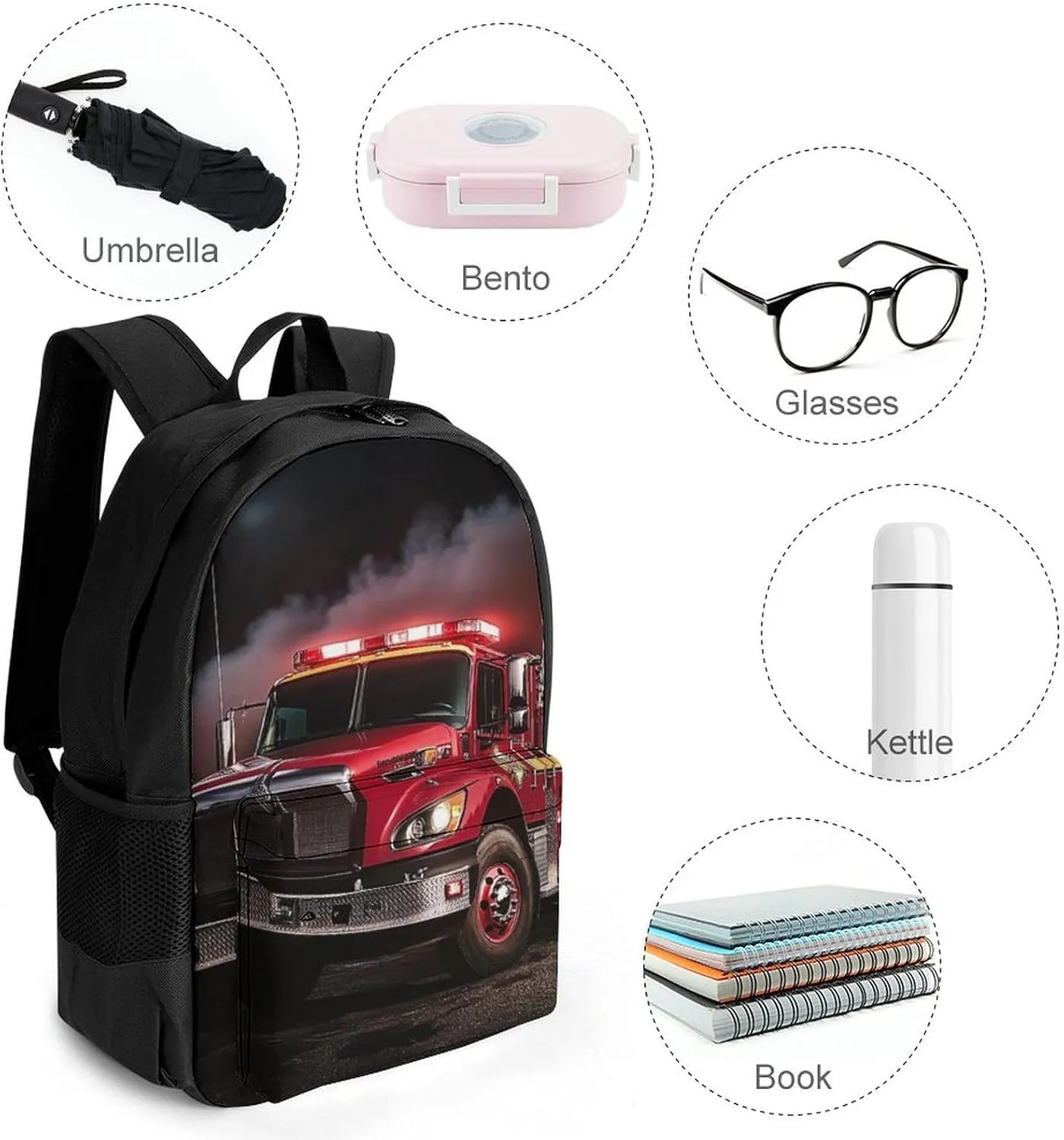 Polyester Daypack for Camping Travel Walking Cycling - Big Capacity Anti-Theft Multipurpose Bookbag, Fire Truck Camping Outdoor Backpack