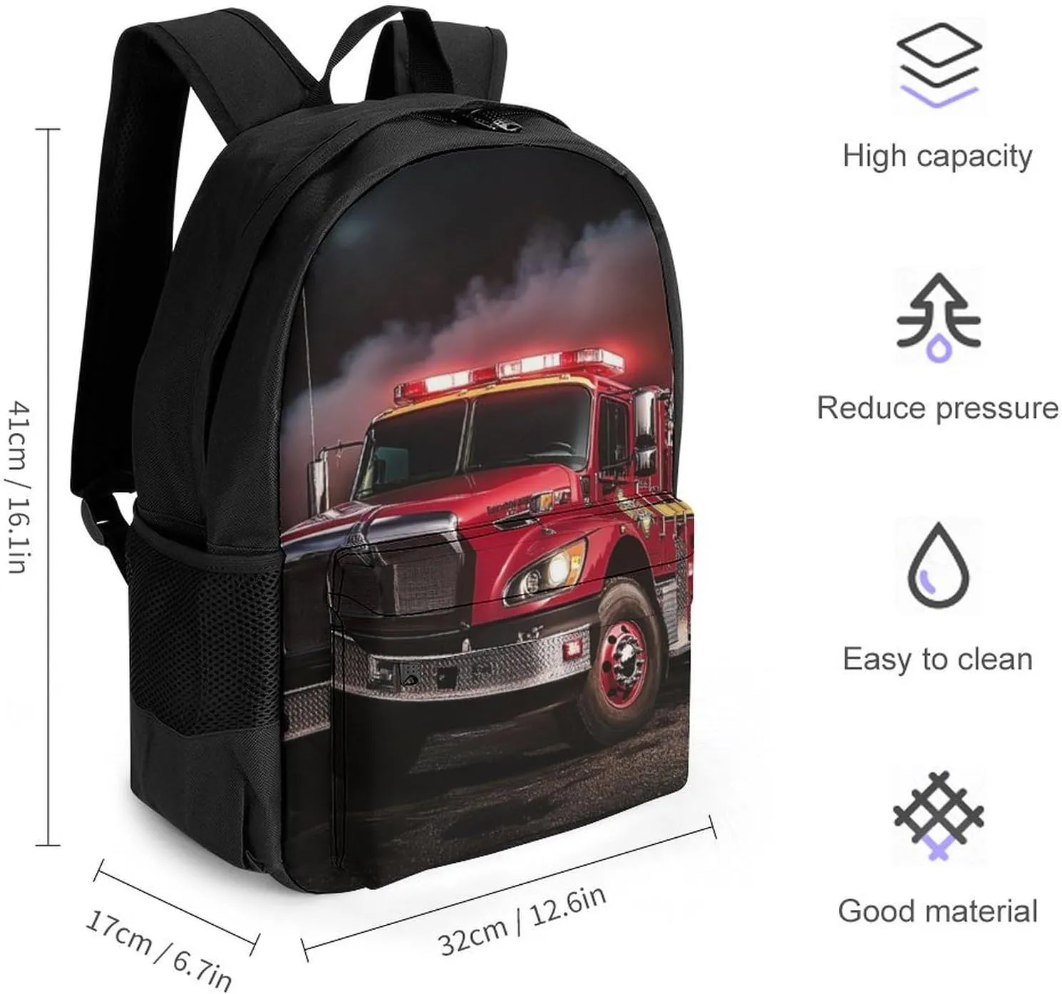 Polyester Daypack for Camping Travel Walking Cycling - Big Capacity Anti-Theft Multipurpose Bookbag, Fire Truck Camping Outdoor Backpack