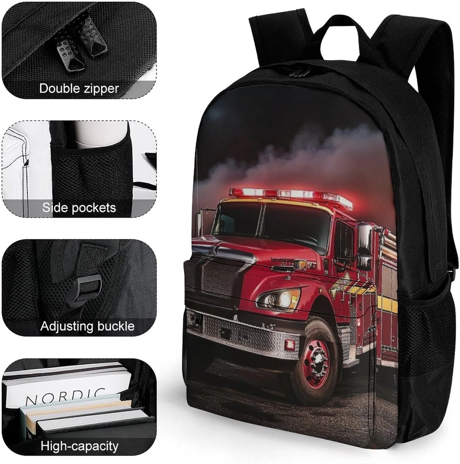 Polyester Daypack for Camping Travel Walking Cycling - Big Capacity Anti-Theft Multipurpose Bookbag, Fire Truck Camping Outdoor Backpack