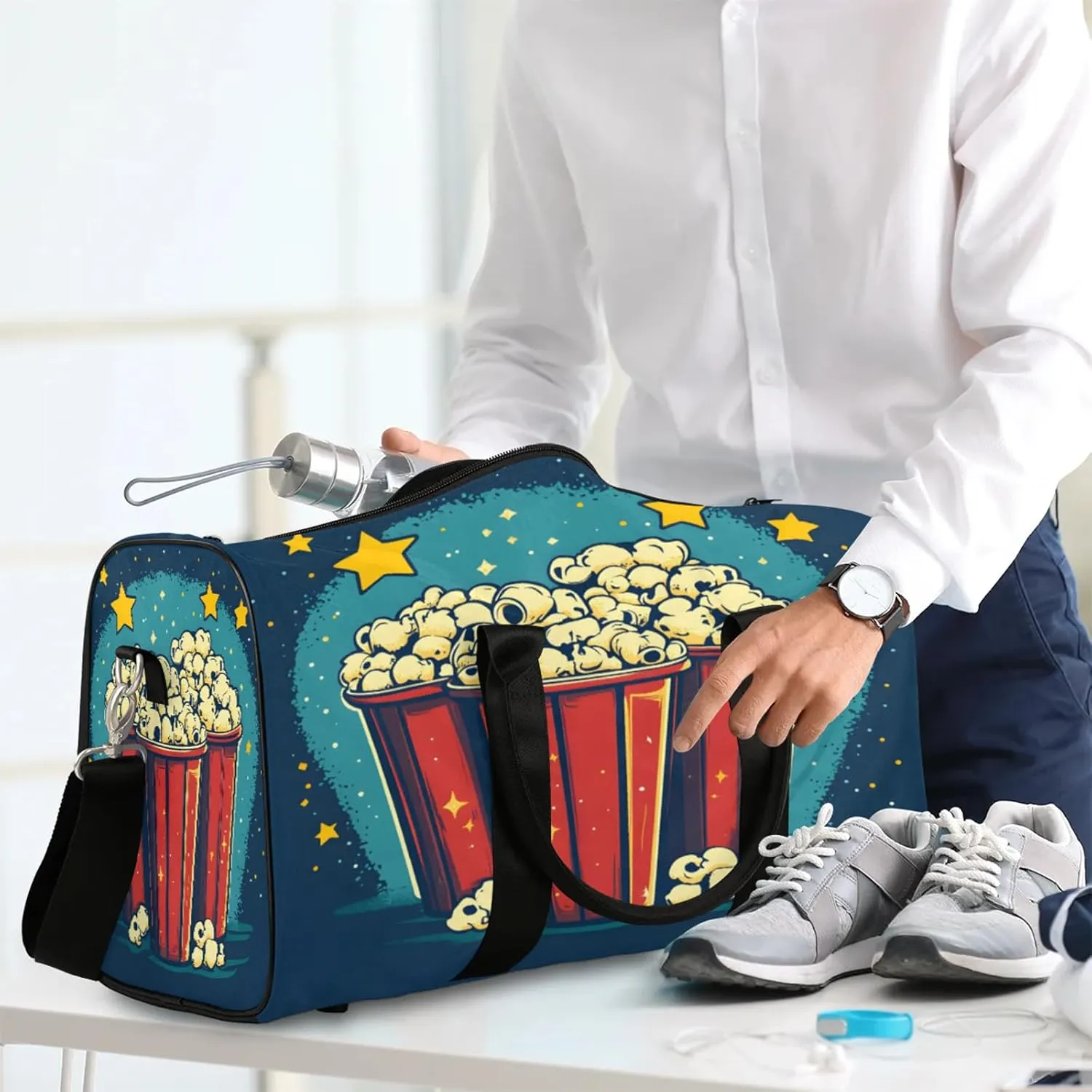 Popcorn Duffle Bag for Travel, Overnight Weekend Gym Carry On Luggage Bag, Food Travel Duffel Bag for Men Women