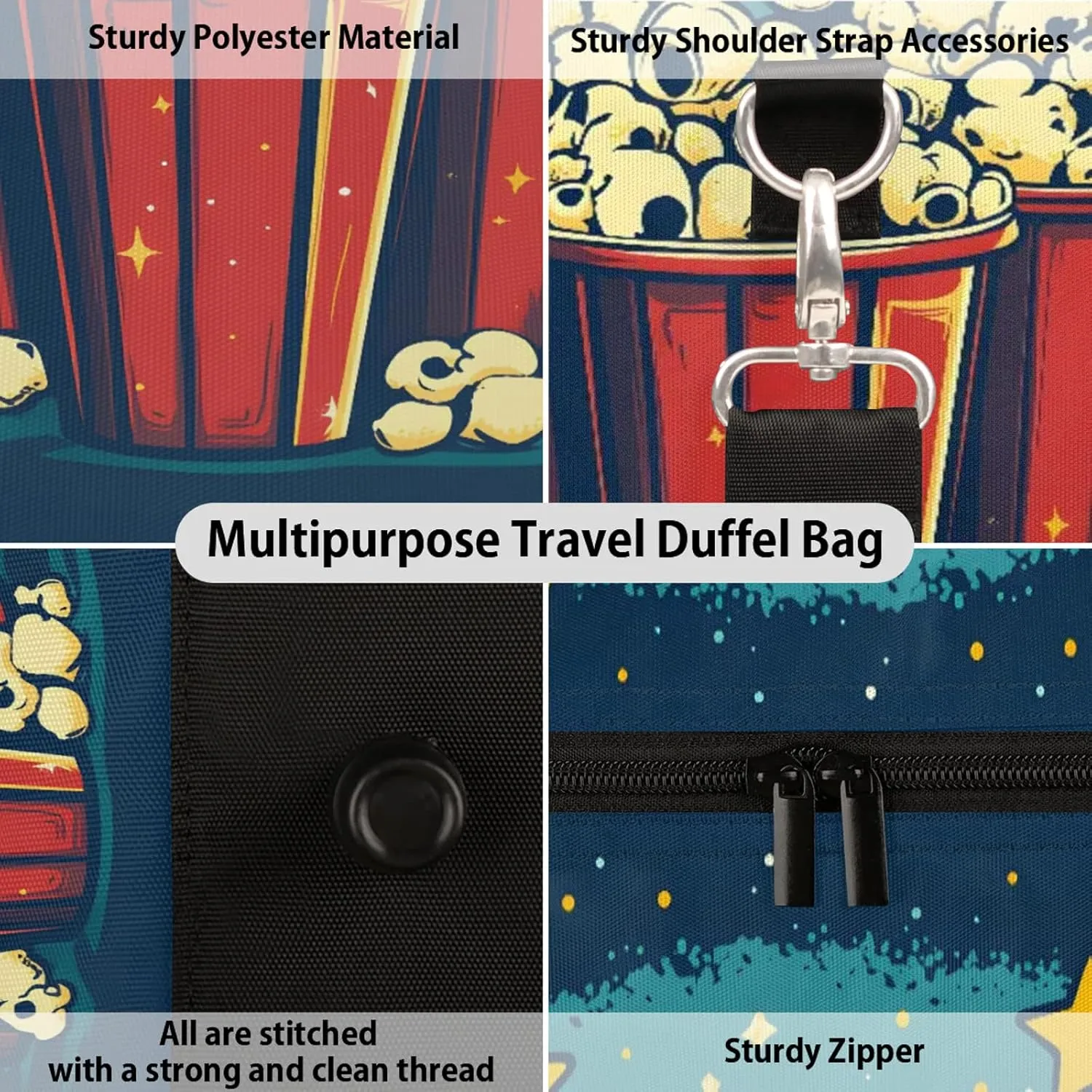Popcorn Duffle Bag for Travel, Overnight Weekend Gym Carry On Luggage Bag, Food Travel Duffel Bag for Men Women
