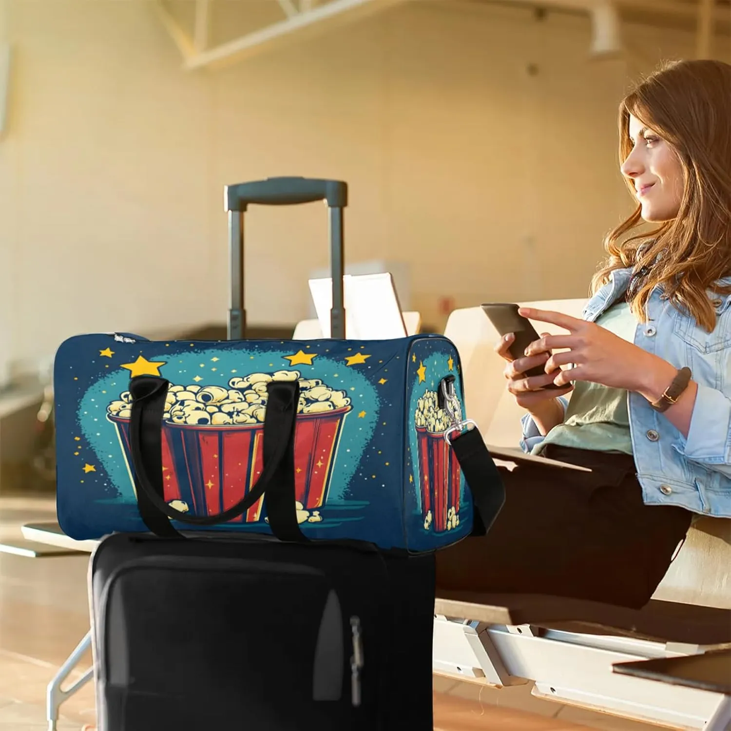 Popcorn Duffle Bag for Travel, Overnight Weekend Gym Carry On Luggage Bag, Food Travel Duffel Bag for Men Women