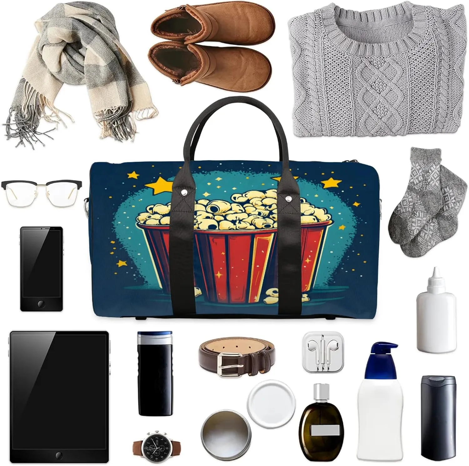Popcorn Duffle Bag for Travel, Overnight Weekend Gym Carry On Luggage Bag, Food Travel Duffel Bag for Men Women