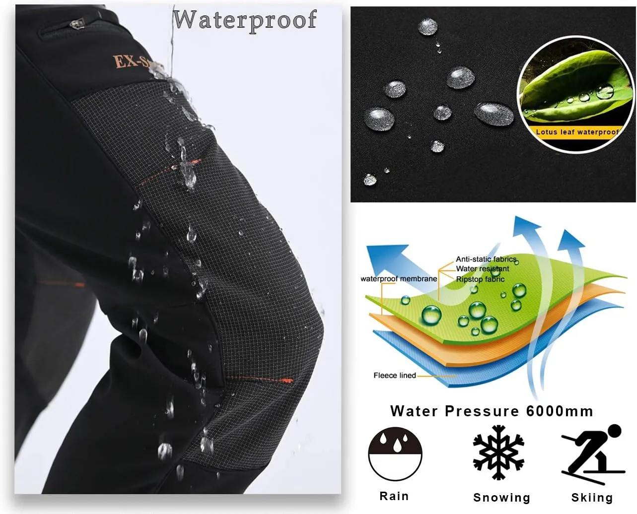 Postropaky Womens Outdoor Snow Ski Pants Waterproof Hiking Insulated Softshell Pants Snowboard Zipper Bottom Leg