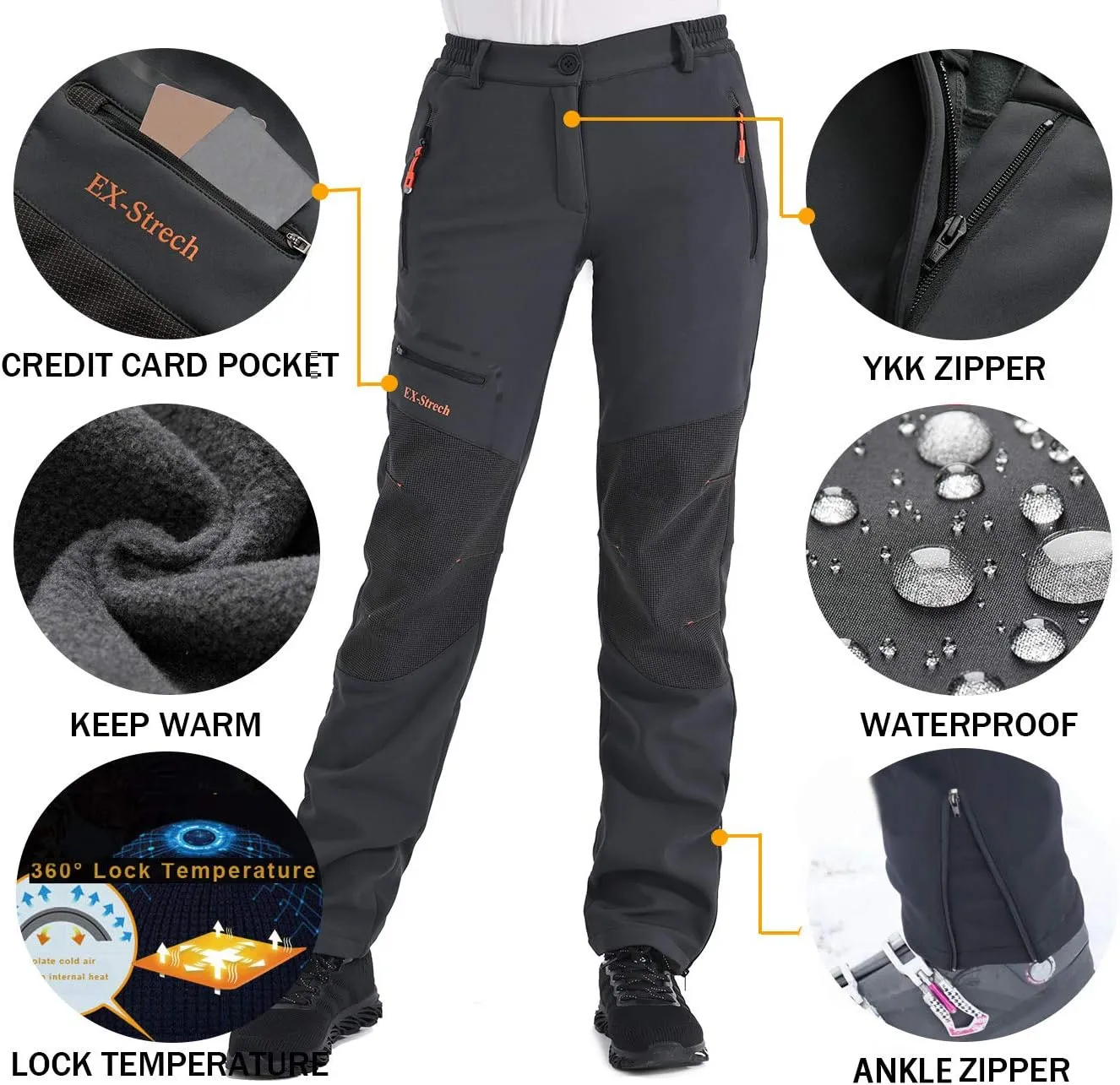Postropaky Womens Outdoor Snow Ski Pants Waterproof Hiking Insulated Softshell Pants Snowboard Zipper Bottom Leg