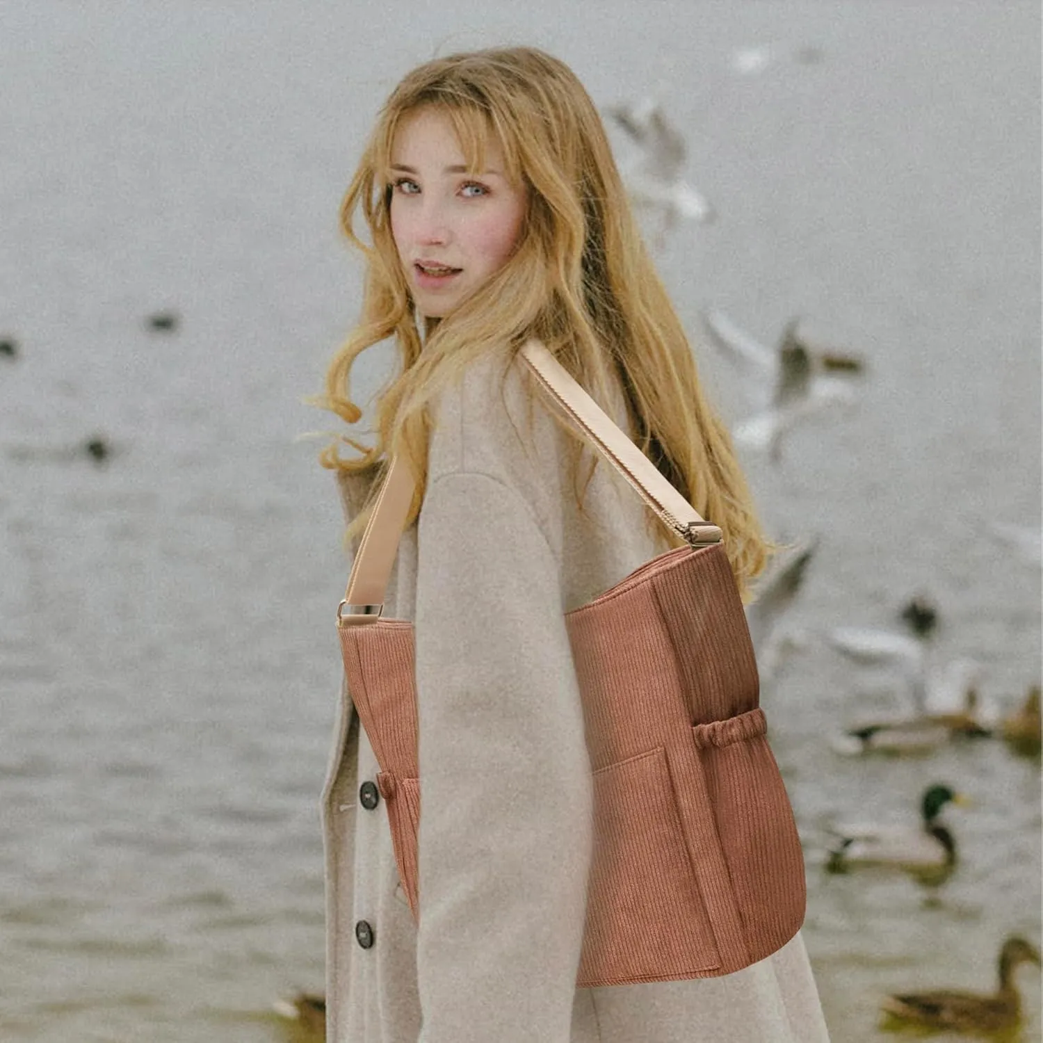 Prite Corduroy Tote Bag for Women, Large Zippered Messenger Bag with Pockets, Hobo Handbag for Shopping, Work, College