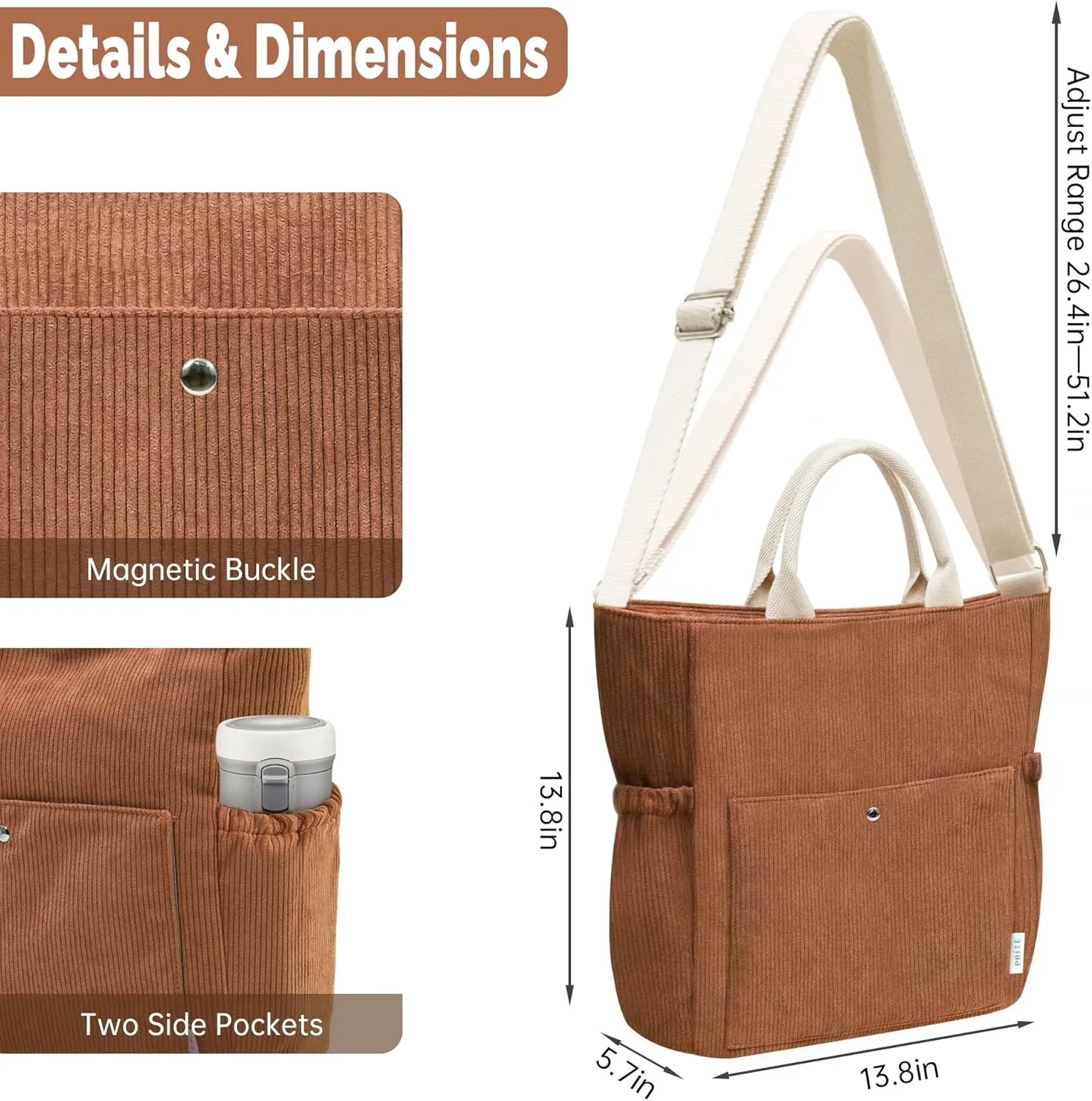 Prite Corduroy Tote Bag for Women, Large Zippered Messenger Bag with Pockets, Hobo Handbag for Shopping, Work, College