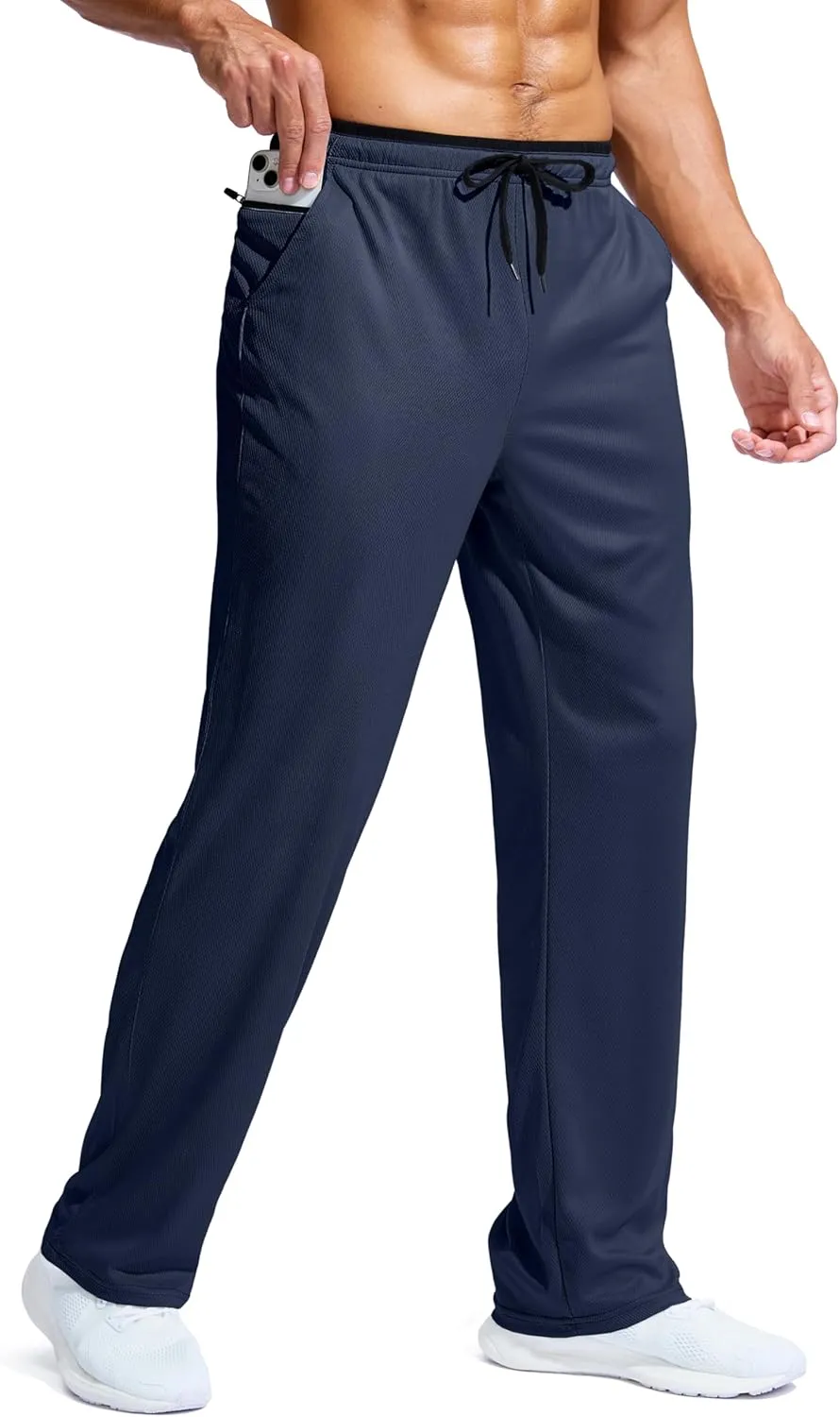 Pudolla Men's Lightweight Mesh Sweatpants Loose Fit Open Bottom Athletic Workout Gym Pants with Zipper Pockets