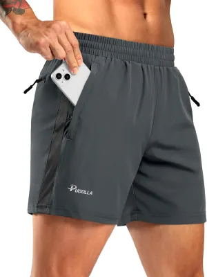 Pudolla Men's Running Athletic Shorts with 3 Zipper Pockets 5"/7" Gym Workout Shorts Lightweight Quick Dry for Hiking Casual
