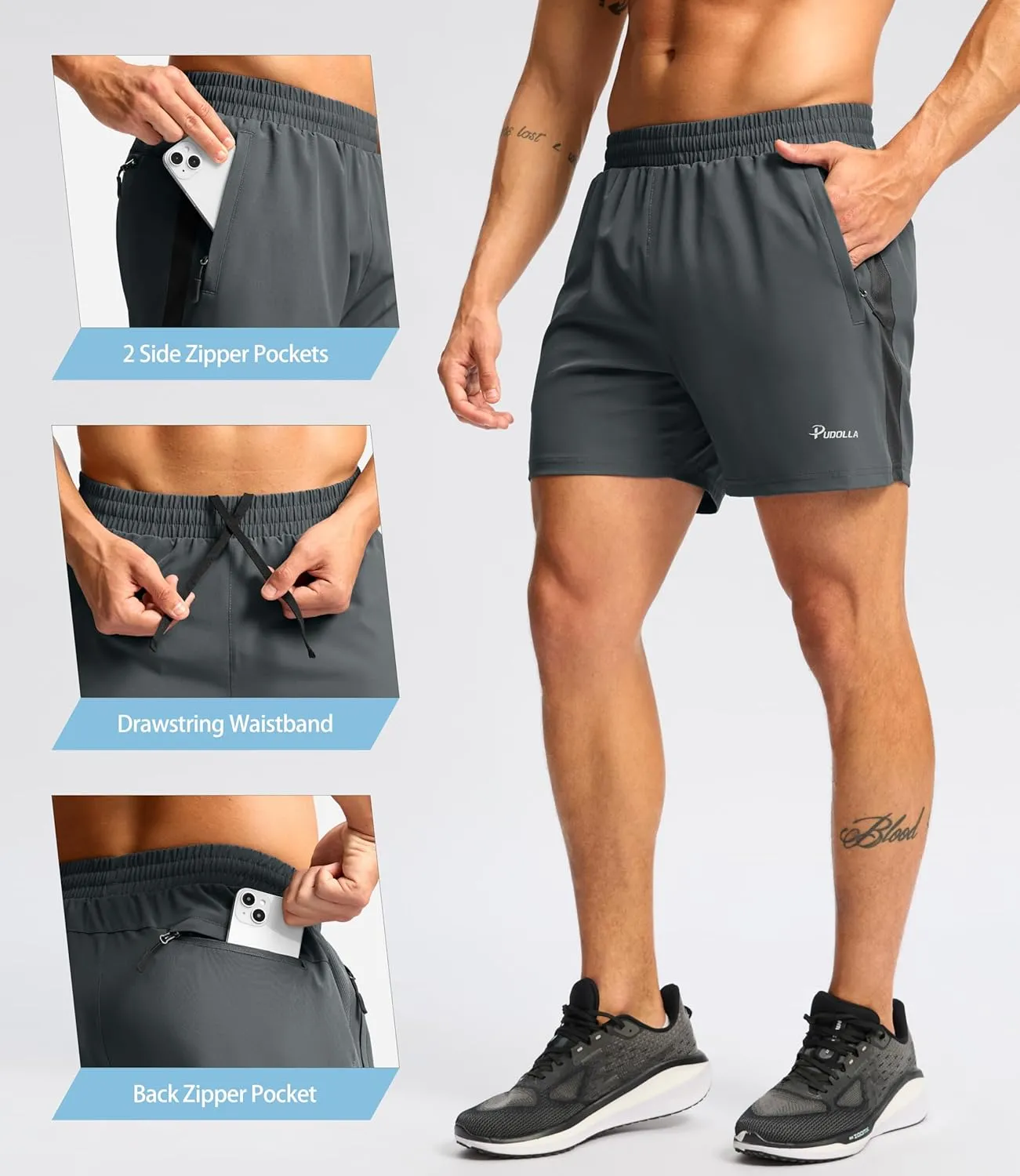 Pudolla Men's Running Athletic Shorts with 3 Zipper Pockets 5"/7" Gym Workout Shorts Lightweight Quick Dry for Hiking Casual