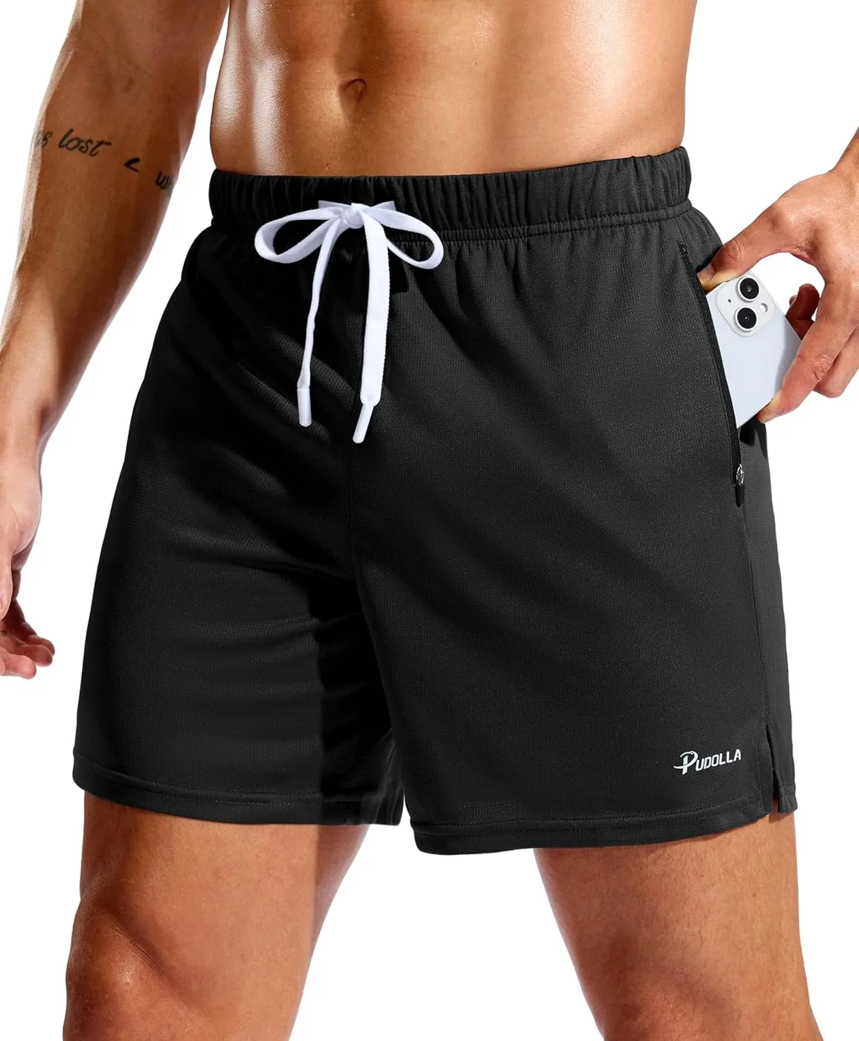 Pudolla Men's Workout Running Shorts with Zipper Pockets 5" Lightweight Quick Dry Athletic Gym Mesh Shorts no Liner
