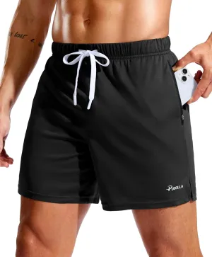 Pudolla Men's Workout Running Shorts with Zipper Pockets 5" Lightweight Quick Dry Athletic Gym Mesh Shorts no Liner