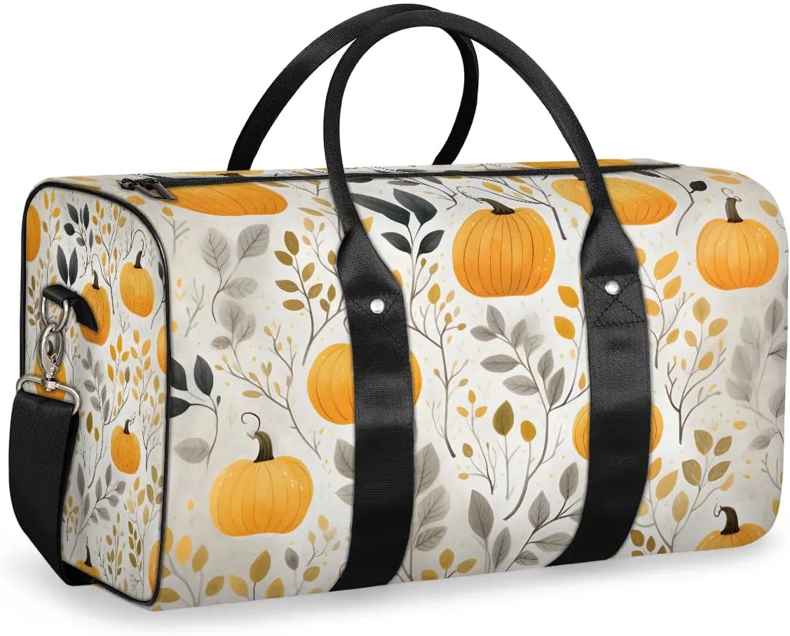 Pumpkin Fall Leaf Print Travel Duffel Bag for Women Men Waterproof Foldable Overnight Weekender Bag Large Capacity Sports Gym Bag