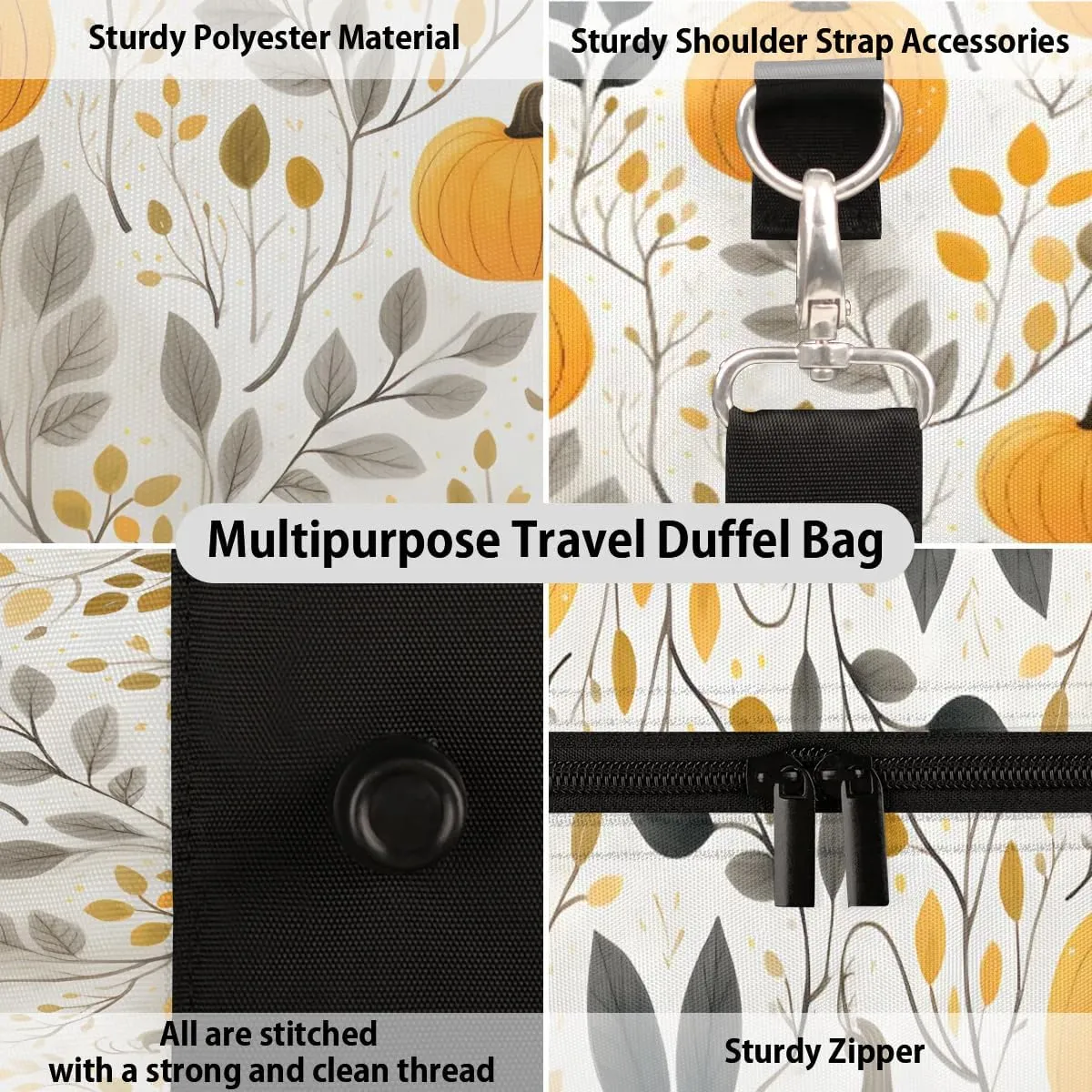 Pumpkin Fall Leaf Print Travel Duffel Bag for Women Men Waterproof Foldable Overnight Weekender Bag Large Capacity Sports Gym Bag