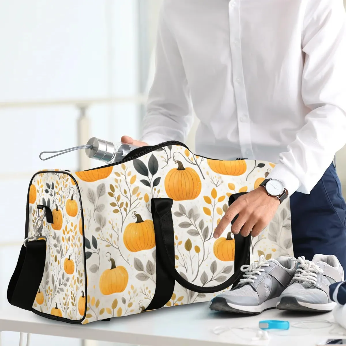 Pumpkin Fall Leaf Print Travel Duffel Bag for Women Men Waterproof Foldable Overnight Weekender Bag Large Capacity Sports Gym Bag