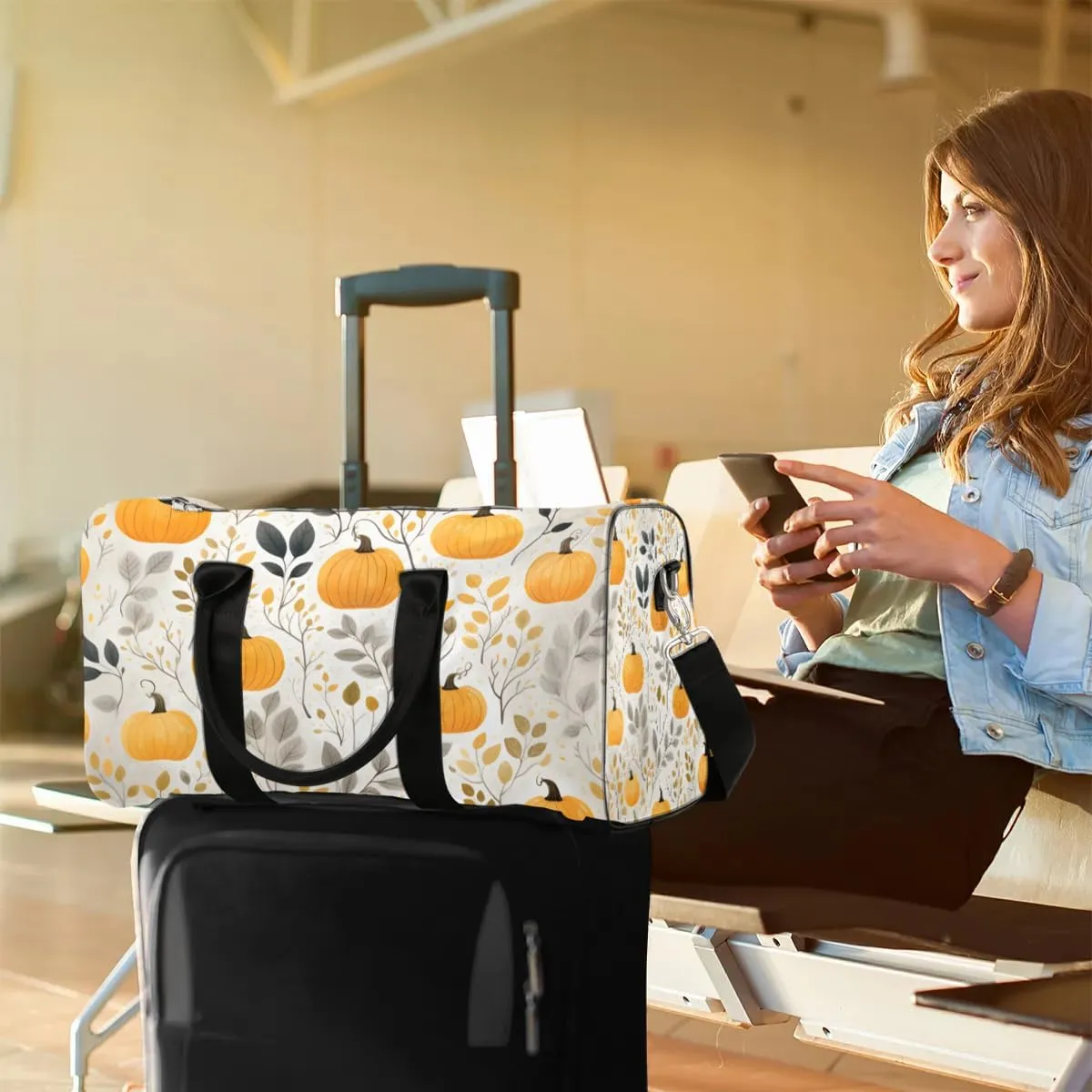 Pumpkin Fall Leaf Print Travel Duffel Bag for Women Men Waterproof Foldable Overnight Weekender Bag Large Capacity Sports Gym Bag