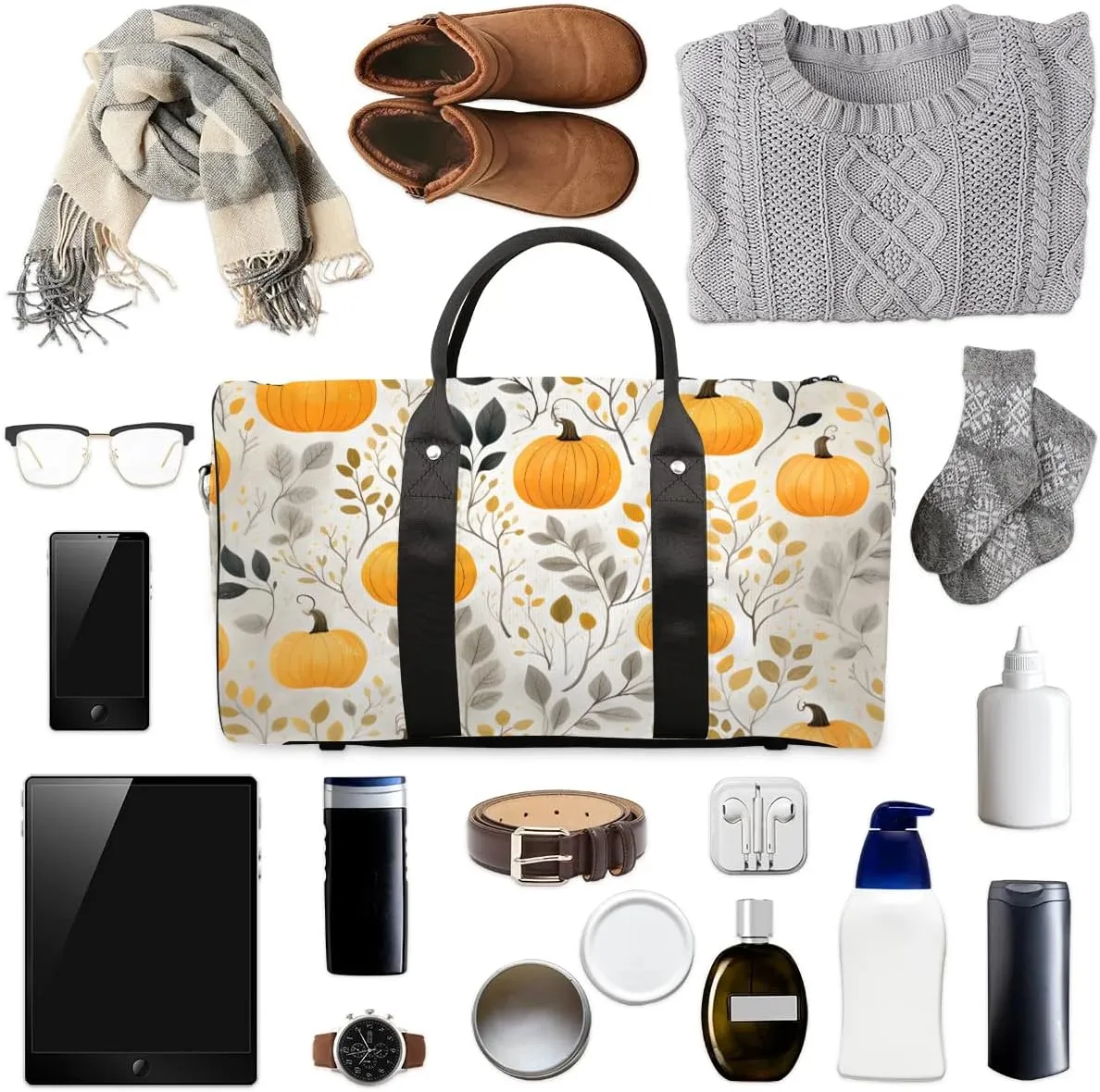 Pumpkin Fall Leaf Print Travel Duffel Bag for Women Men Waterproof Foldable Overnight Weekender Bag Large Capacity Sports Gym Bag